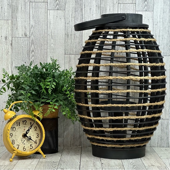 Lantern Home Decor Wooden & Twine Rope With A Center Candle Holder Black & Tan - Picture 4 of 7